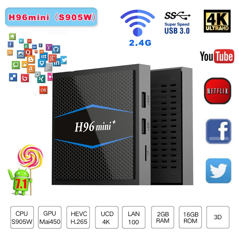 

H96 mini plus Android 7.1 Smart TV BOX 4K Amlogic S905W Quad Core 2GB/16GB 2.4GHz WiFi 100M LAN H.264 Media Player Set TOP BOX