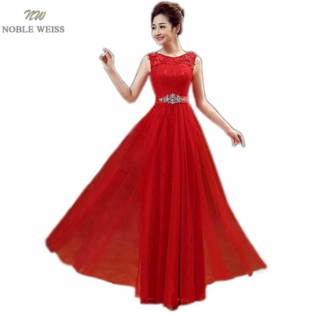 

NOBLE WEISS Robe De Soiree Scoop Pink Red Lace Bow Long Evening Dress Bridal Sleeveless Transparent Banquet Sexy Evening Gown