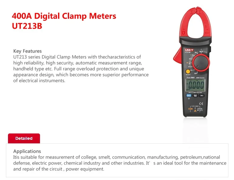 UNI-T UT213B 400A цифровой токовые клещи напряжение сопротивление емкость мультиметр температура мультиметр с автоматическим выбором диапазонов диод trueRMS