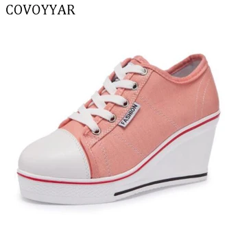

COVOYYAR 2019 women canvas shoes wedge heel lace up low top fashion woman sneakers platform lady casual shoes WSN214