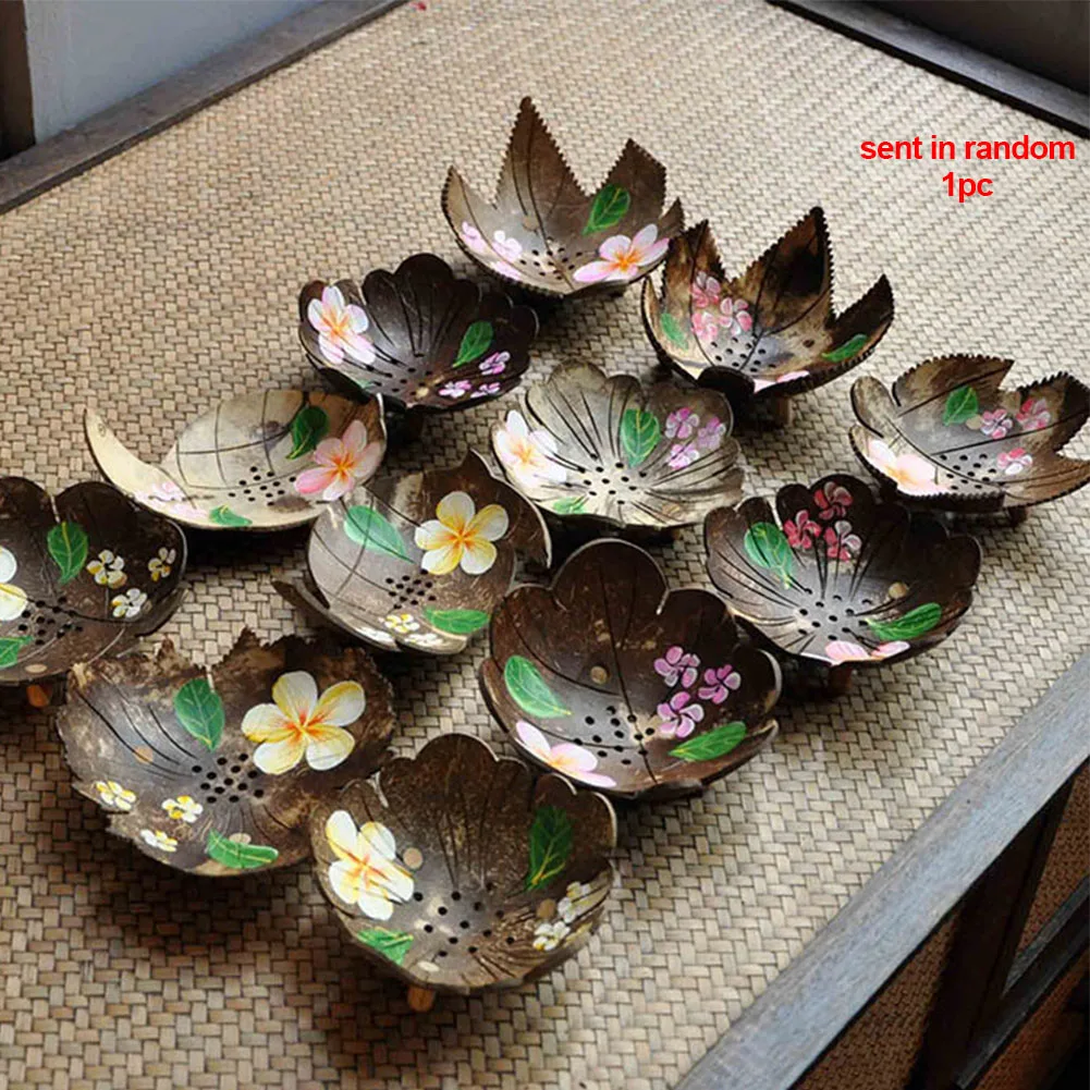 

Container Ornaments Leaf Floral Key Soap Dish Drain Coconut Shell Bowl Handmade Soap Box Decorative Natural Bathroom