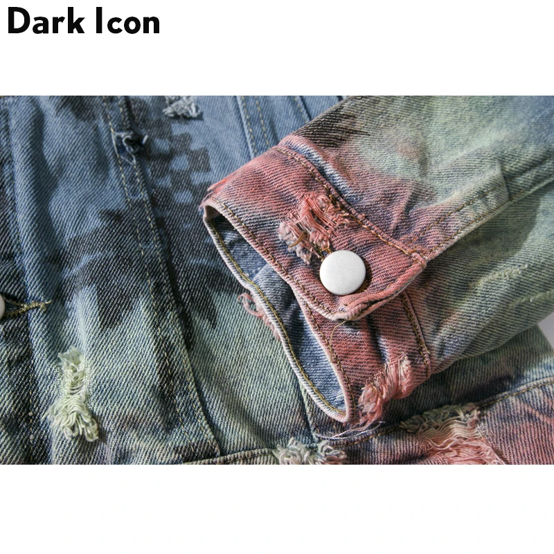 Dark Icon Ripped Denim Jacket Men 2018 Turn-down Collar Jeans Jacket Hip Hop Jacket Coconut Tree Jackets for Man Male Clothes