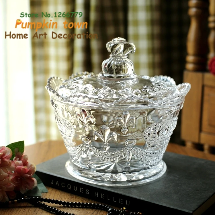 Rustic style multifunctional glass jar Practical high-quality imperial crown flower shape Glass fine work carved candy | Дом и сад