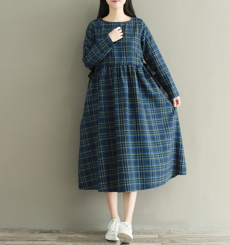 Женское миди платье весна-осень,свободное винтажное платье в клетку, повседневное платье японского стиля"Mori Girl",с завязками и длинным рукавом,темно-синего цвета