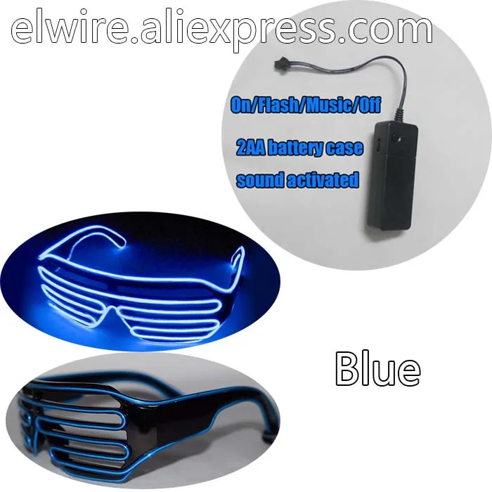 

Cool!! Blue Sound activated El Wire Glow Shutter Light Up Shades glasses EDM EDC Rave Party Bar DJ Sunglasses Music-Box