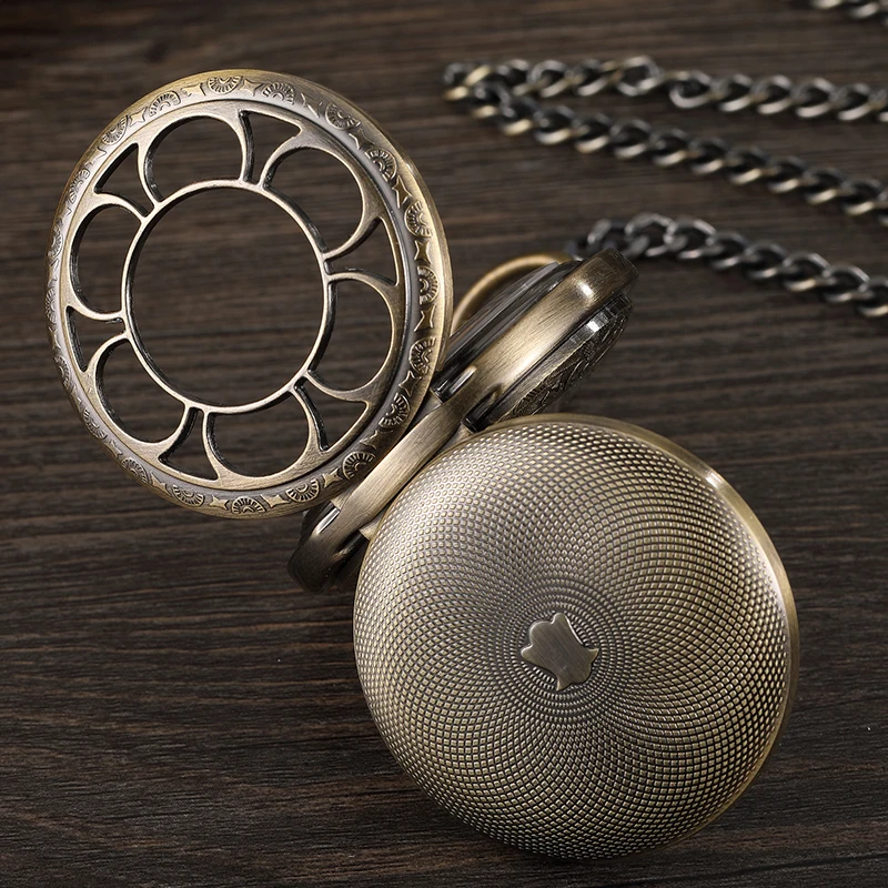Goede Retro Brons Hollow Setampunk Mechanische Pocket Watches Vintage dubbelzijdig Skeleton Romeinse Wijzerplaat Heren Zakhorloge FOB Ketting Nieuwe