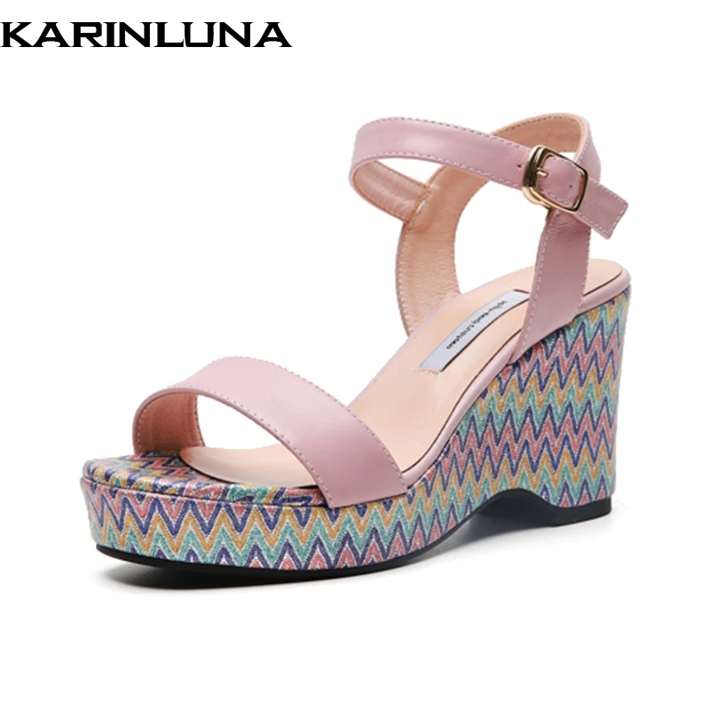 

KarinLuna genuine leather open toe summer shoes woman sandals female wedge heels buckle sandals lady shoes