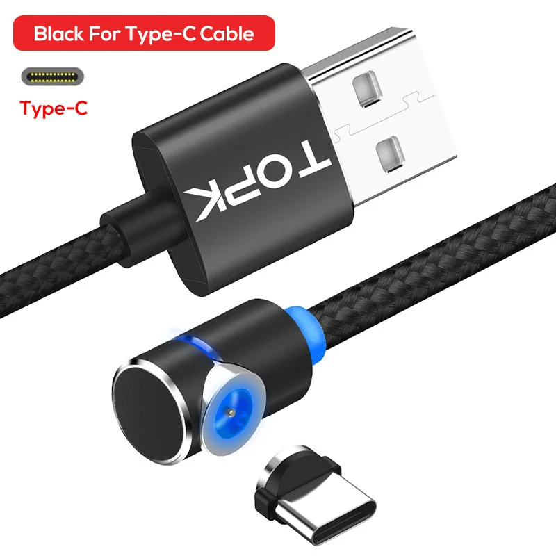 TOPK L-Line 1 м 2 м 90 градусов L Тип Магнитный кабель Micro USB кабель и usb type C светодиодный магнитный Кабель зарядного устройства для iPhone X 8 7 6 - Цвет: For Type-C Cable