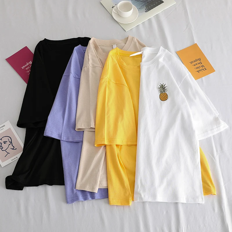 Женская футболка с вышивкой ананаса в стиле Харадзюку, Женская Повседневная Однотонная футболка с коротким рукавом, 90 s, корейские топы для девочек, женская одежда