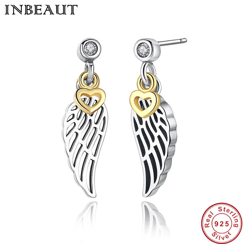 

INBEAUT 925 Sterling Silver Love Angel Wings Drop Earrings Female Trendy Gold-color Heart Anniversary Earrings Engagement Gift