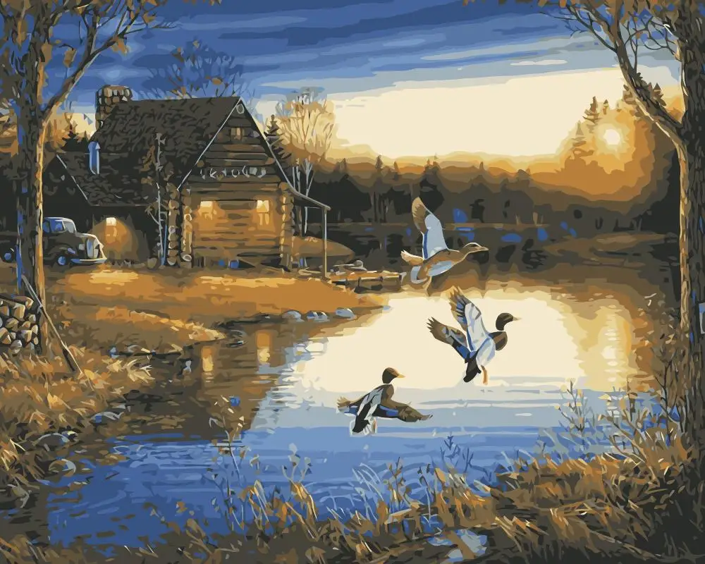 MaHuaf-j534 birds under sunset by lake animal painting by numbers on canvas DIY oil paintings for living room wall 