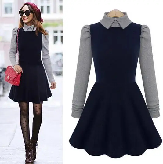

Women Autumn Winter Long Sleeve Dress Fashion Doll Collar Knee-length Pleated Dress Ladies Elegant Evening Party Dresses S-XL