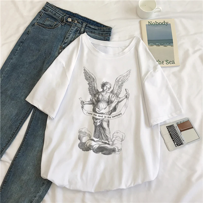 

Angel Casual Summer Fun Summer Short Sleeve Harajuku tops Hip Hop Letter Vintage Couple Ulzzang tops Women's Loose O-neck Shirt