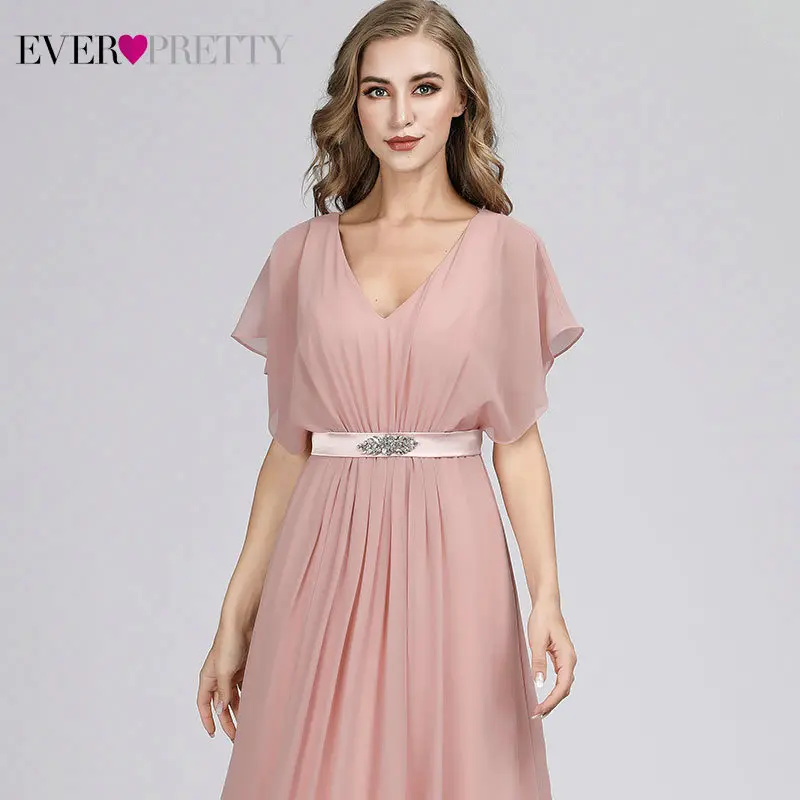 Платья для выпускного вечера Ever Pretty розовый v-образный вырез элегантный шифон короткий рукав длинные официальные платья с поясом vestido formatura