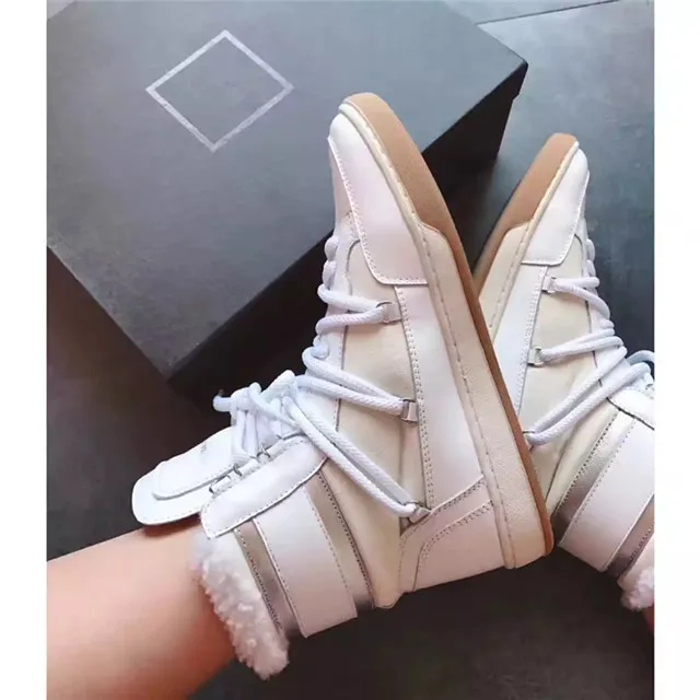 

2016 Top Selling brand Warm Shoes Women Round Toe High Top Flat Botas Mujer Patchwork Lace Up Fur Embellished Ankle Boots