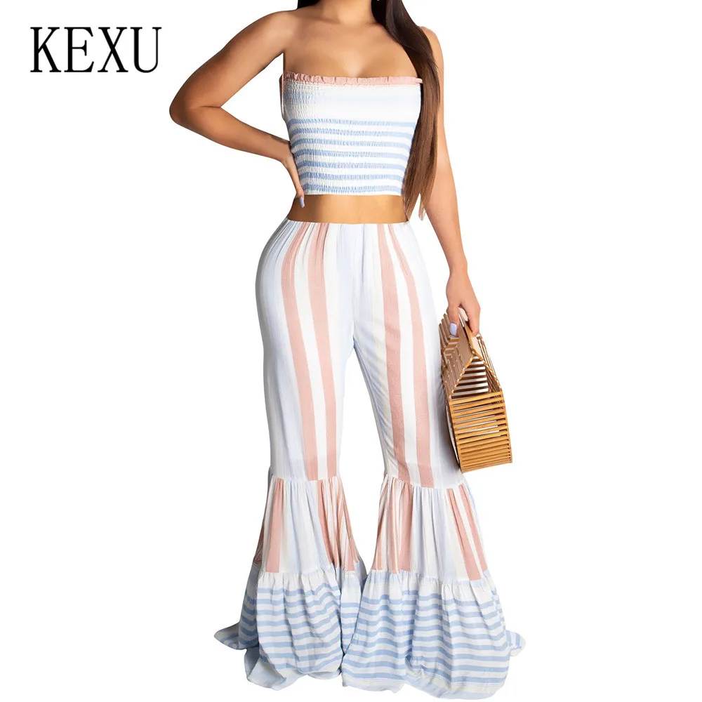 KEXU Women's Striped Print Tube Top To Play Flared Jumpsuits 2 Pieces Sets Sexy Off Shoulder Casual Playsuits Macacao Feminino