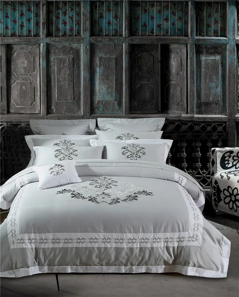 

Egyptian cotton Embroidery Luxury Bedding Set 4/6/9Pcs King Queen size gray Bed set Duvet Cover Fit sheet set Pillowcase