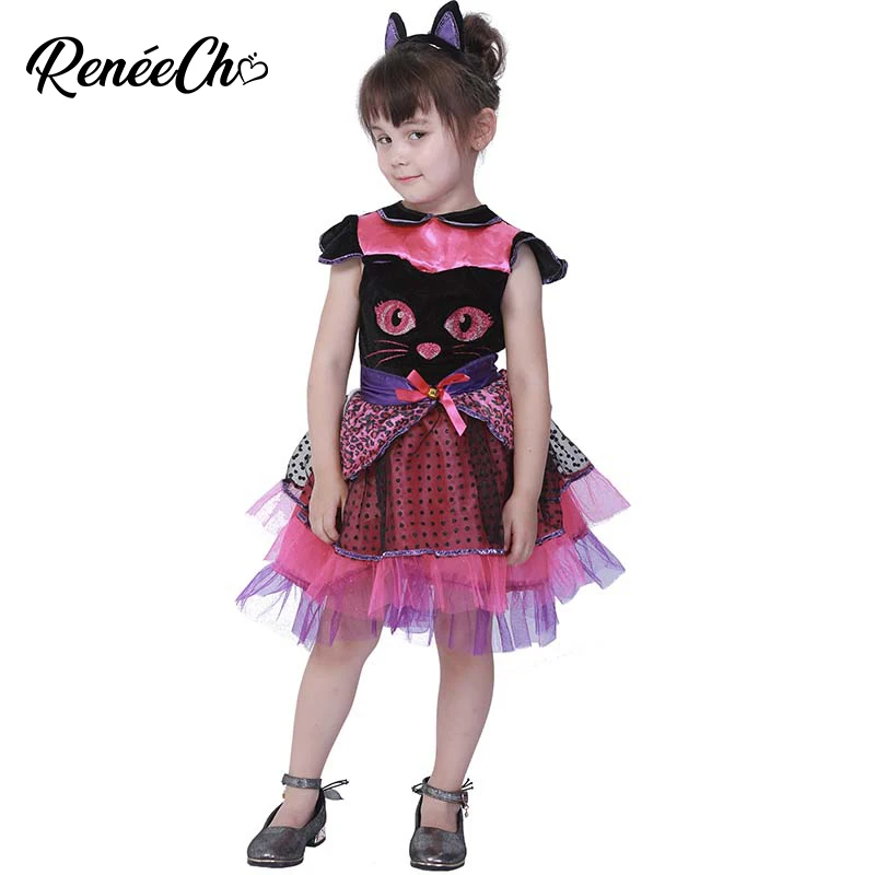 

ReneeCho Cute Pink Cat Dresses Baby Girls Halloween Costume For Kids Toddler Animal Kitty Cosplay Birthday Party Dress Headband