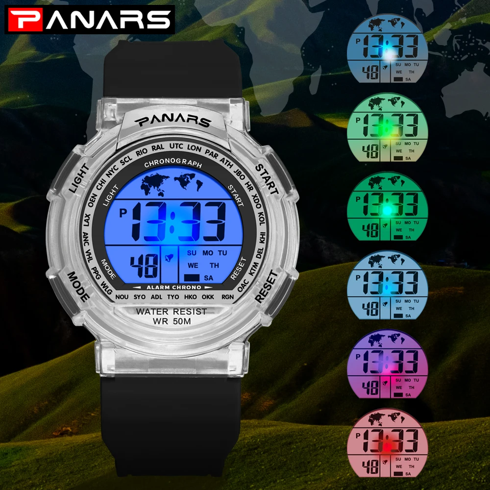 

PANARS Digital Watch LED 7 Colors Light Outdoor Sports Waterproof Watch Analog and Digital Alarm Stopwatch Watch 8117