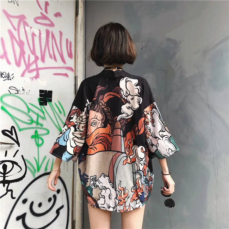 

2 colors HARAJUKU japanese style digit print 2018 summer kimono cardigan feminino outerwear blouses womens shirts (x6826)