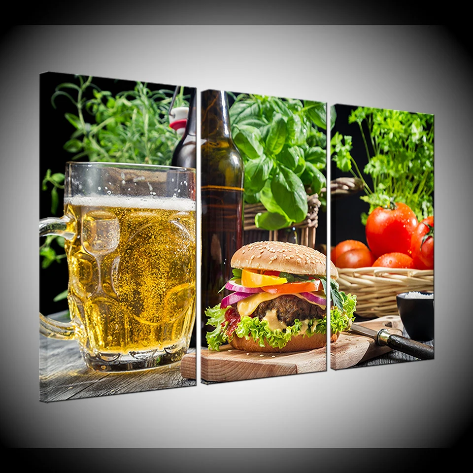 Настенные картины пиво гамбургер томат овощи еда стены искусства холст живопись плакат ресторан кухня гостиная домашний декор