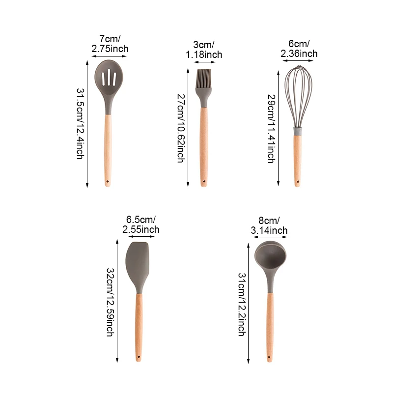 Silicone Wood Cooking Tool Sets Kitchen Utensils Gadgets Spoon Ladle Egg Beater Oil Brush Colander Cuisine Truner Accessories