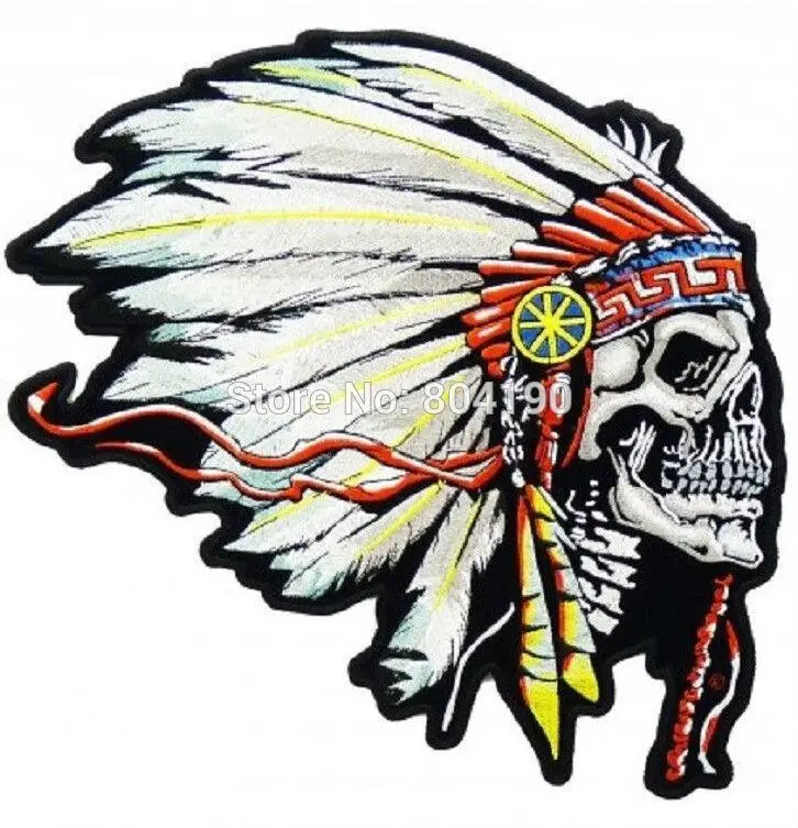 

5" Large FEATHERED INDIAN CHIEF HEAD DEATH SKULL MOTOCYCLE MC Biker Vest Jacket Back Metal Rock Punk applique iron on patch