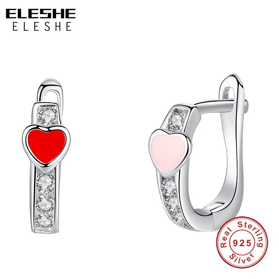ELESHE Red Enamel Heart Small Stud Earrings Cubic Zirconia 925 Sterling Silver Earrings For Girls Child Kids Silver Jewelry Gift
