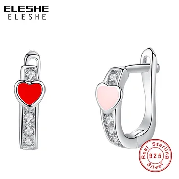 

ELESHE Red Enamel Heart Small Stud Earrings Cubic Zirconia 925 Sterling Silver Earrings For Girls Child Kids Silver Jewelry Gift