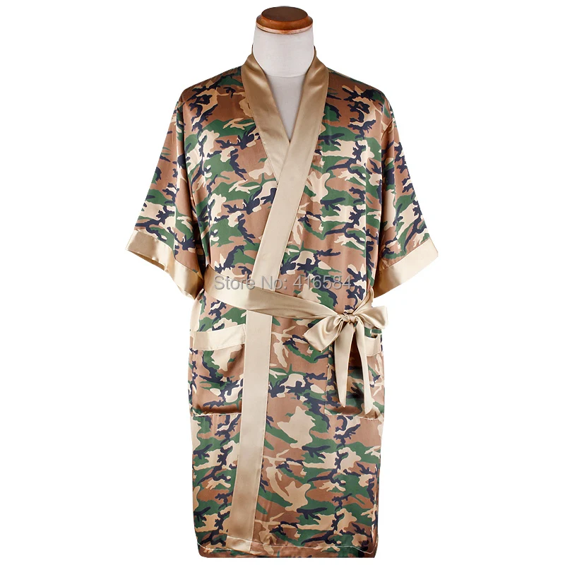 Men's Satin Robe Summer Kimono Bath Robes Army Camo Print Dressing Gown