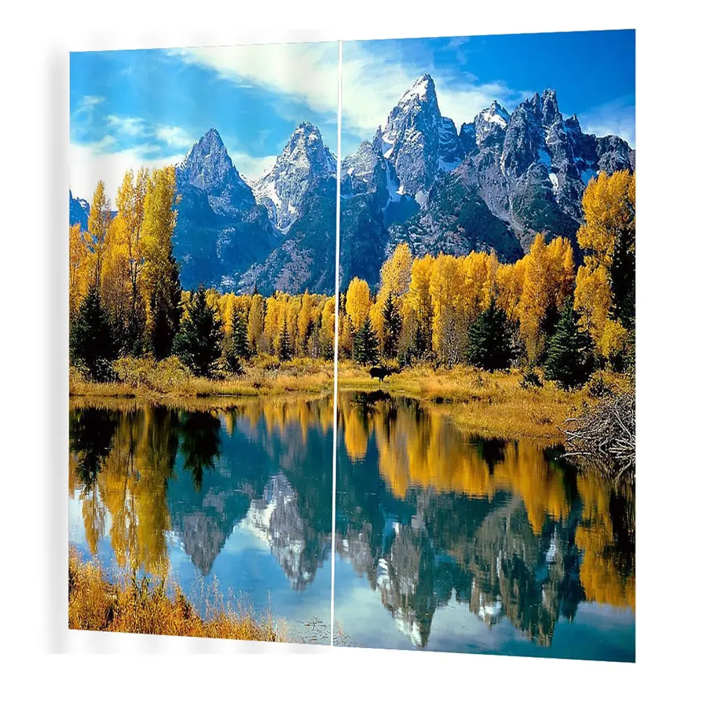 

Natural Scenery Theme Shower Curtain Yellow Sky White Snow Mountain Green Trees leaves for Living Room Bedroom Decorations