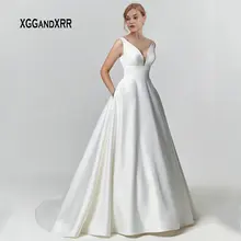 Новое поступление, сексуальное атласное свадебное платье, свадебное платье с v-образным вырезом и открытой спиной, пуговица для корта и поезда, gelinlik размера плюс белое свадебное платье