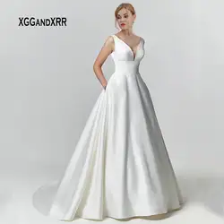 Новое поступление, сексуальное атласное свадебное платье 2019, свадебное платье с v-образным вырезом, открытая спина, шлейф, кнопка, желинлик