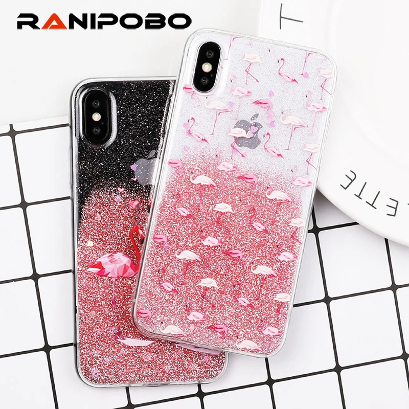 

Luxury Glitter Powder Gradient quicksand Phone Case For iPhone 6 6S 7 8 Plus X Pink Flamingos Soft TPU Phone Back Cover Cases