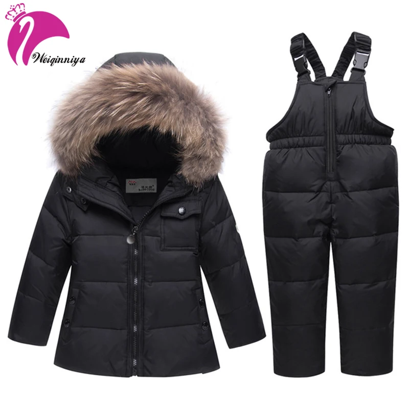 

Unisex Winter Clothing Set New 2018 Fashion Fur Hooded White Duck Down Coat+ Thick Warm Pants 2pcs Infant Baby Parka Outwears