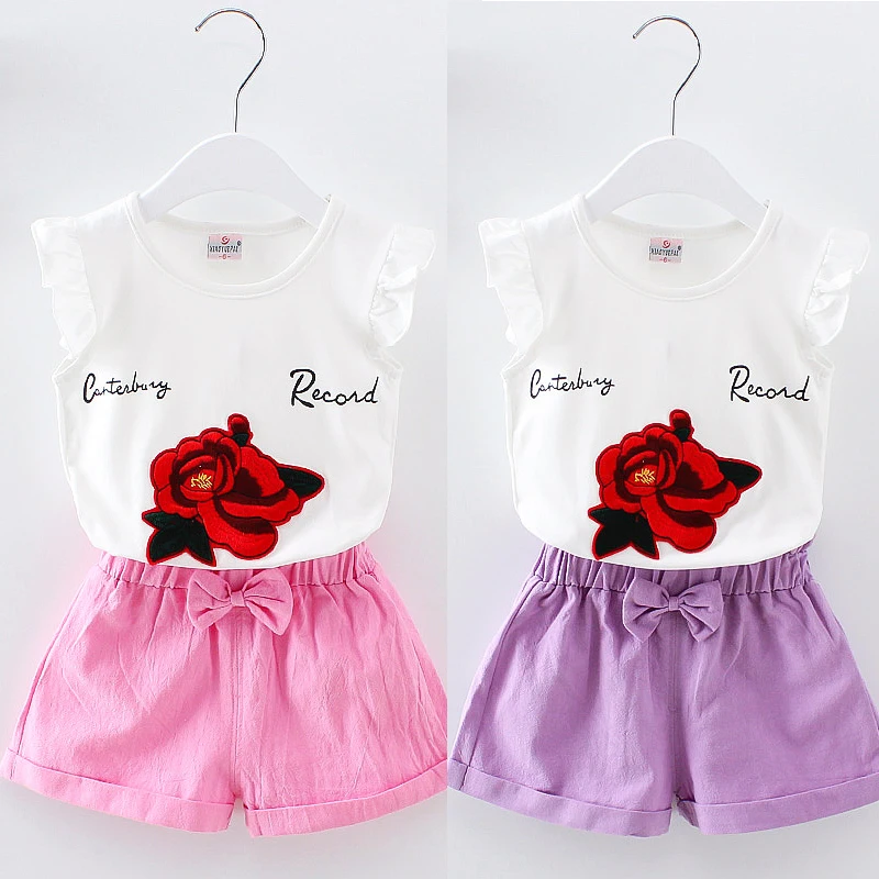 

2019 summer children's suits girls round neck flying sleeves T+ wooden ear shorts two-piece suit rose letters baby girl suit 0-3