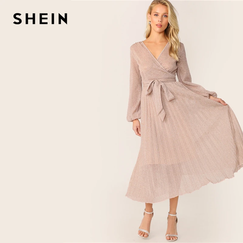 SHEIN модное блестящее плиссированное платье с v-образным вырезом и поясом, летнее платье трапециевидной формы,, гламурные розовые платья с высокой талией