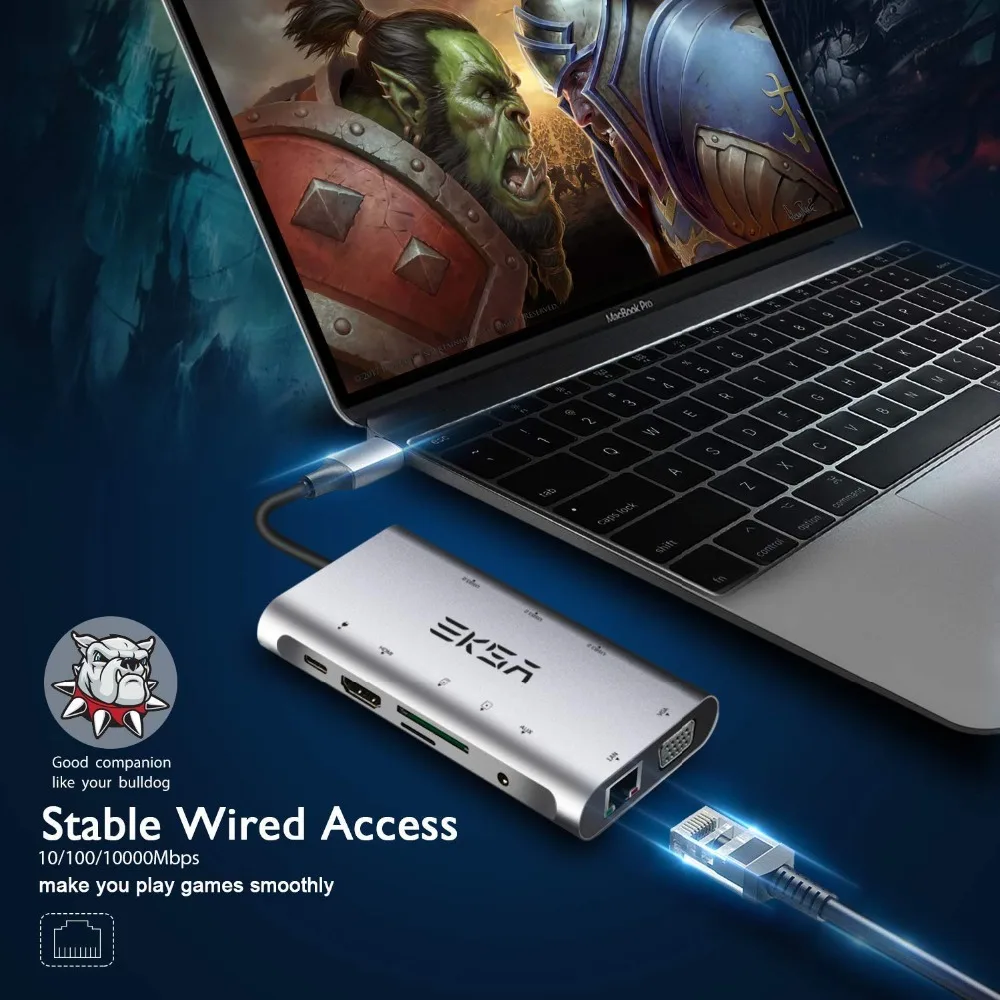 EKSA 10 в 1 usb-хаб USB C концентратор с 4K HDMI USB 3,0 порт SD/TF кардридер VGA RJ45 Gigabit Ethernet для Dell/samsung/huawei P20