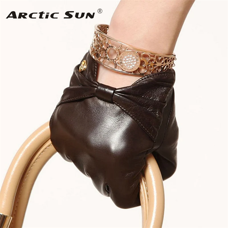 

Brand Genuine Leather Gloves High Quality Women Sheepskin Gloves Fashion Trend Bow-Knot Finger Driving Glove EL025NN