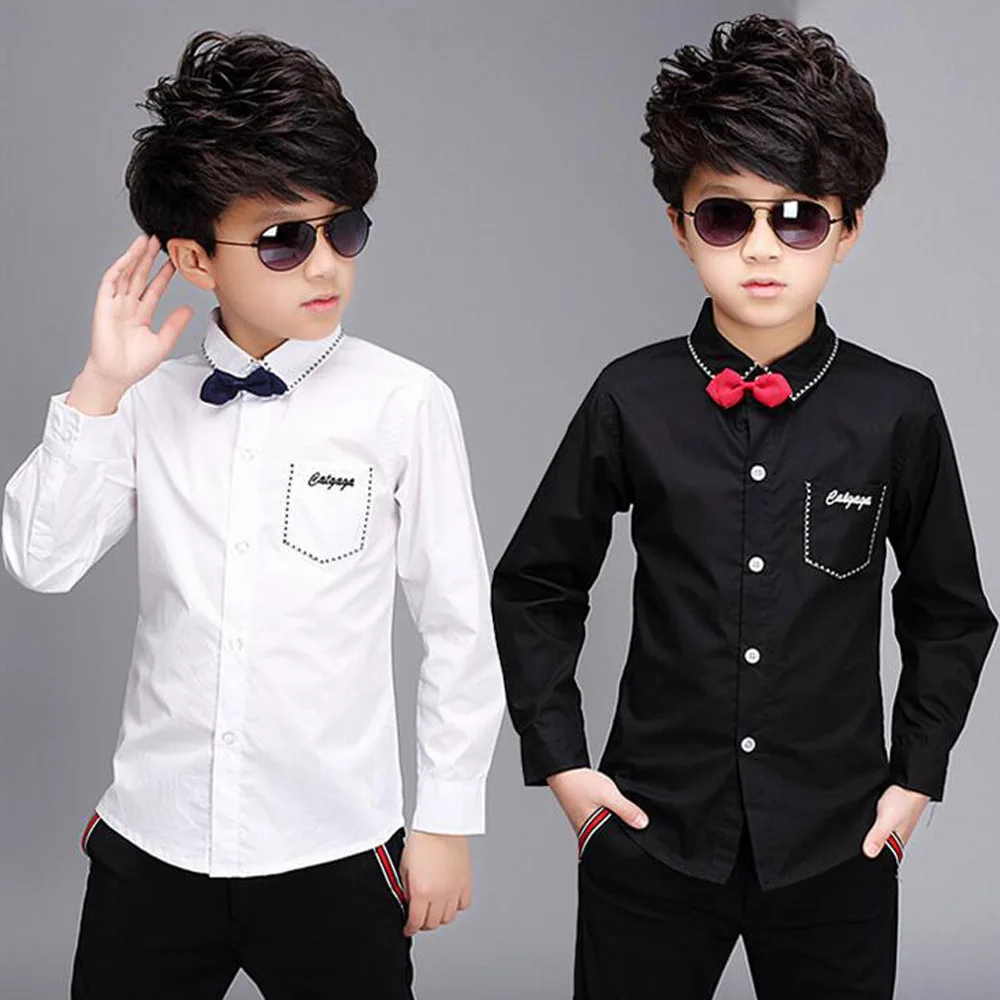 

Black White Shirts For Boys With Bowtie 2018 New Spring Formal Kids Shirt 100% Cotton Child Korean Full Solid Shirt Boy V-Neck