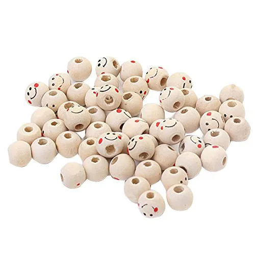 

40 PCS Wooden Round Smiley Face Loose Beads 10 mm