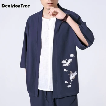 

2020 men loose cardigan japanese kimono stripe coat high street hip hop casual outerwear embroidery dragon and koi kimono