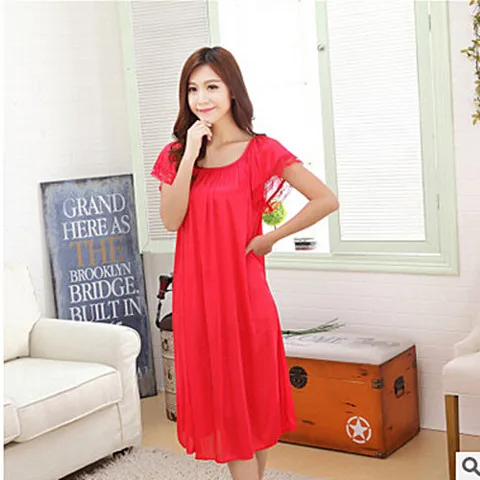 Свободная сексуальная ночная рубашка, длинная ночная рубашка, женская летняя ночная рубашка с коротким рукавом, Пижама для женщин, Повседневная Ночная рубашка из искусственного шелка - Цвет: red