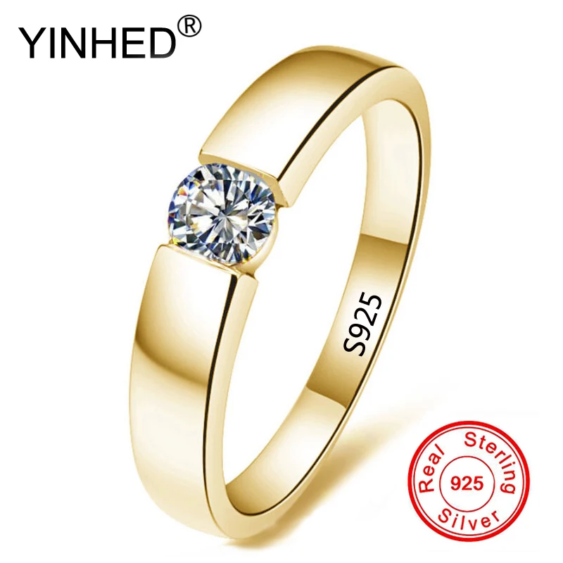 YINHED 100% чистого серебра 925 пробы золотые кольца солитер CZ обручальные мужские и