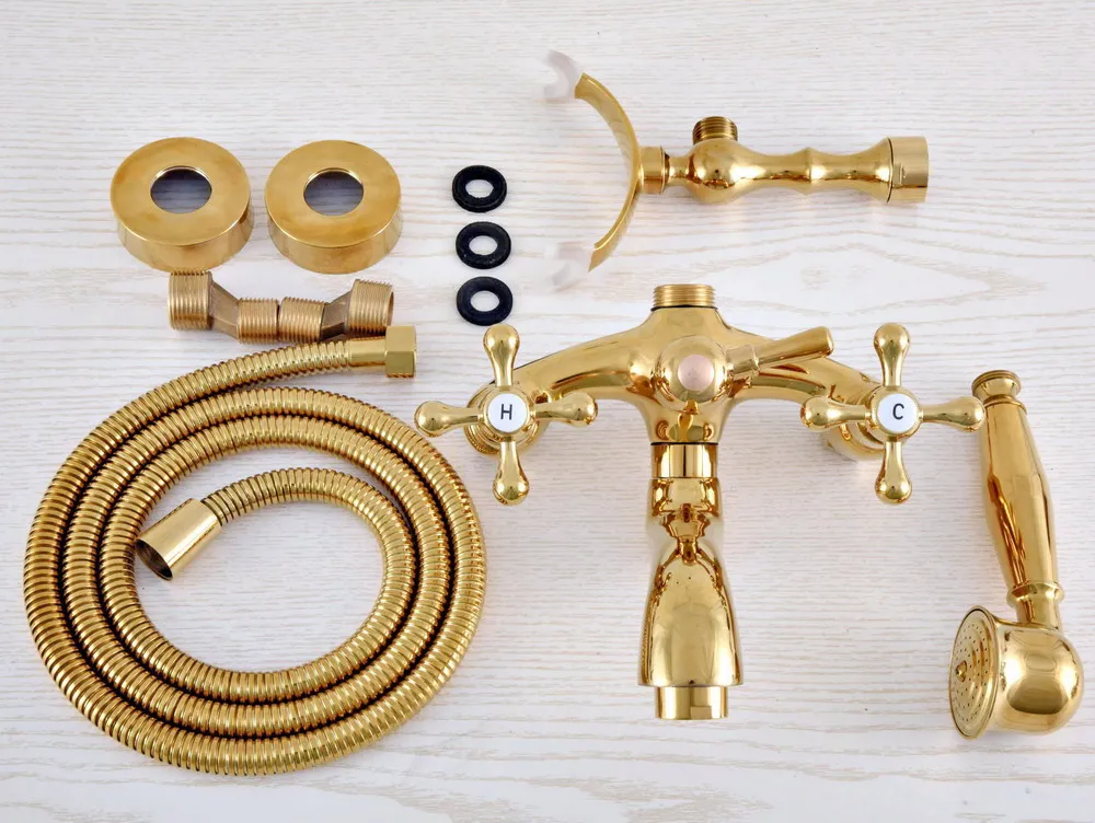 Luxury Gold Color Brass Bathtub Faucet Wall Mounted Tub Sink Faucet Dual Handle Bath Shower Mixer Tap with Hand Shower Luxury Gold Color Brass Bathtub Faucet Wall Mounted Tub Sink Faucet Dual Handle Bath Shower Mixer Tap with Hand Shower