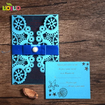 

10set Blue Laser Cut Wedding Invitations Card Greeting Card Personalized Custom With Ribbon Free Envelope & Seals Party Supplies