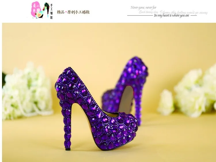 Женские туфли-лодочки, женские туфли на высоком каблуке, фиолетовые туфли с кристаллами и баклажанами, свадебные туфли с круглым носком для