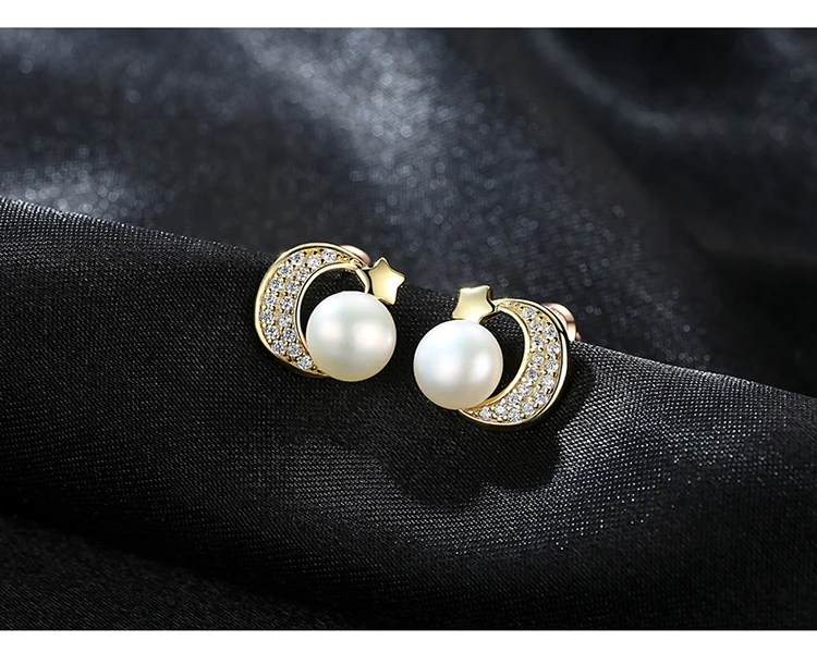 

[MeiBaPJ]Natural Freshwater Pearl Stud Earrings Real 925 Sterling Silver Fashion Moon Star Earrings for Women