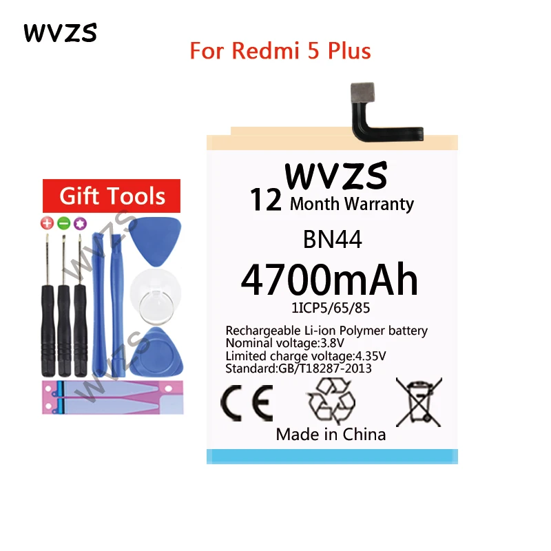 

wvzs 4700mAh Li-Polymer Battery BN44 For Xiaomi Mi Redmi 5 plus 5.99" Redrice 5 Plus Batteries