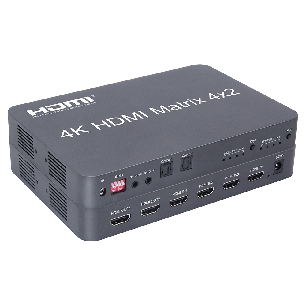 4K HDMI Matrix 4x2 EDID 3840*2160/30Hz поддерживает независимый аудиовыход по оптическому волокну или стерео головному телефону одновременно